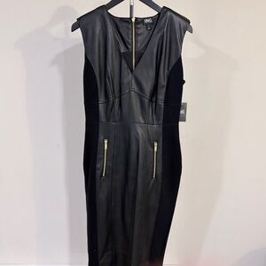 NWT INC Sleek Edgy Faux Leather Bodycon V Neck Dress Gold Zippers Classy Size 8